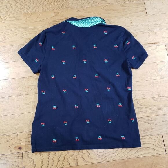 🔸️Talbots Blue & Red Cherry Print Short Sleeve Polo Top Medium - Picture 3 of 10